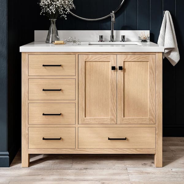 Cambridge 42 in. W x 22 in. D x 36 in. H Single Freestanding Bath Vanity in Oak with Pure White Quartz Top