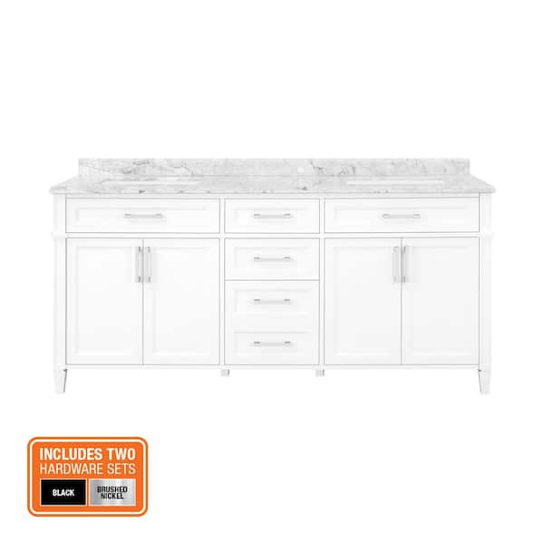 Caville 72 in. Double Sink White Bath Vanity with Carrara Marble Top and Integrated Power Outlet (Assembled)