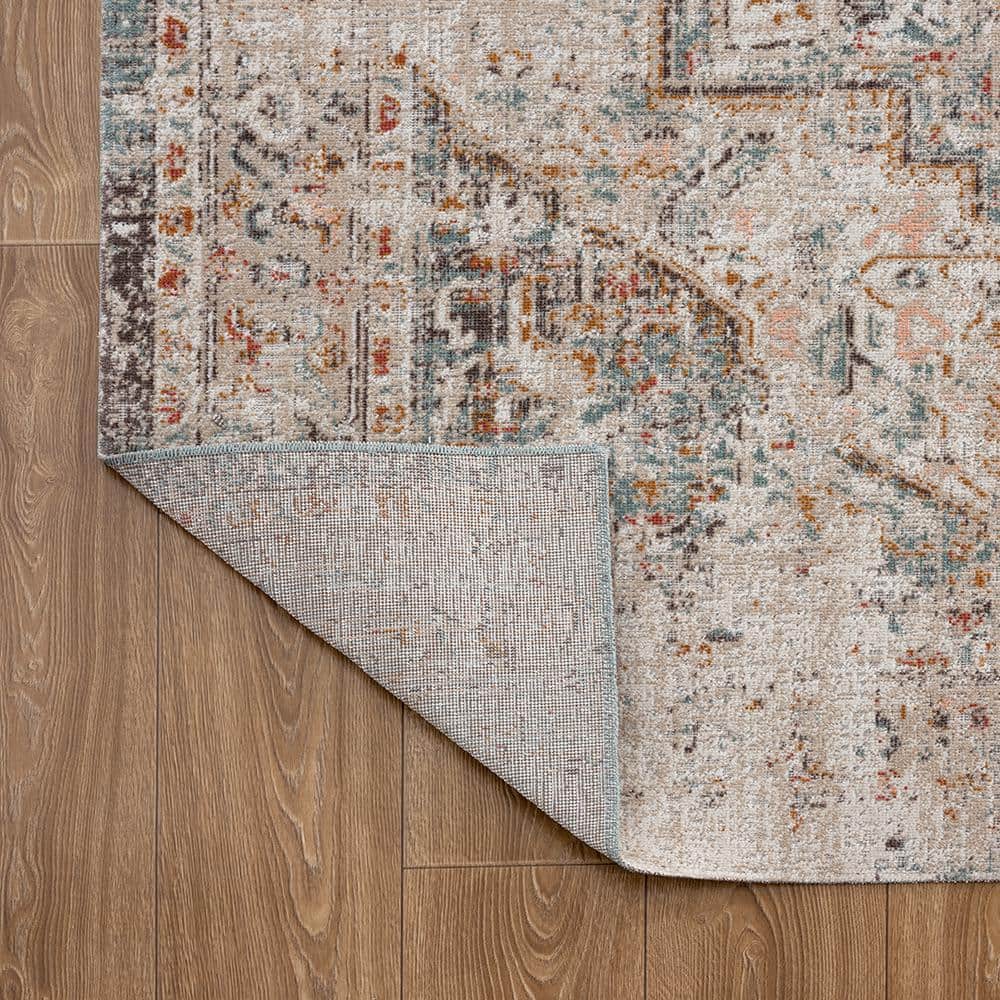 Faded Turkish Beige and Cream Synthetic Area Rug, 5' x 7'