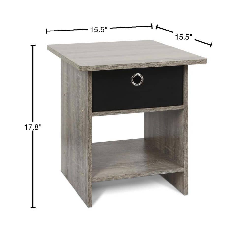 French Oak Grey and Black Square Wood End Table with Storage Bin