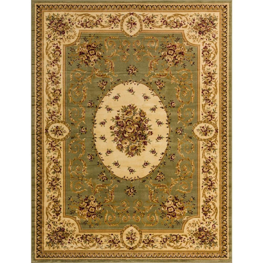 Green and Beige Floral Rectangular Synthetic 9' x 12' Area Rug