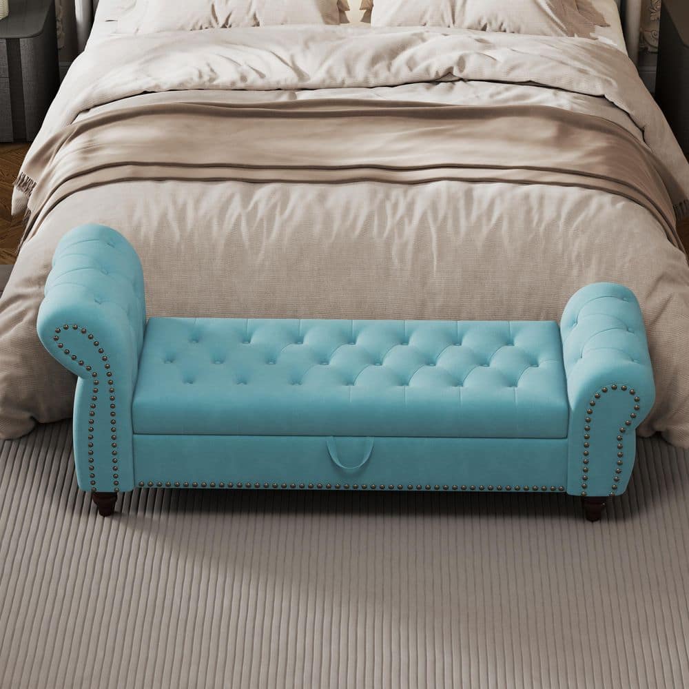 64.5" L Lake Blue Tufted Velvet Upholstered Chaise Lounge Bed Bench with Storage
