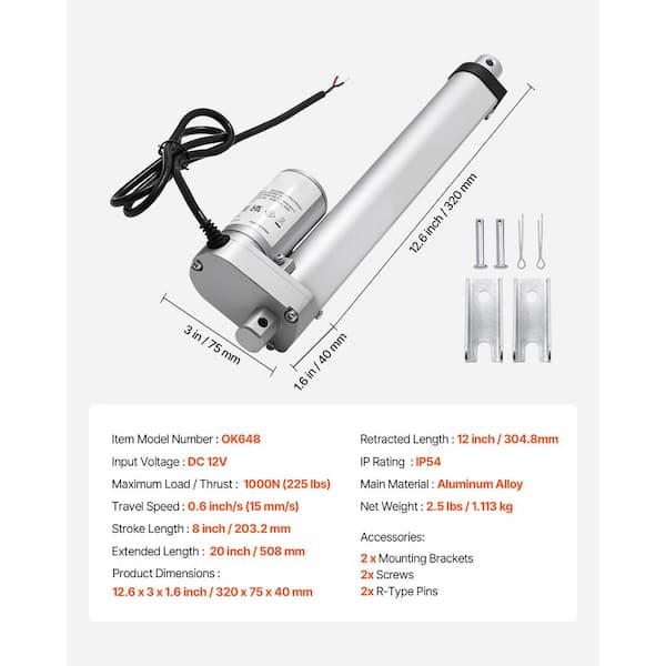 SKYSHALO 12V Linear Actuator 225 lbs. / 1000N with IP54 Protection and Mounting Bracket 8 in. High Speed 0.6in./s Motion Actuator