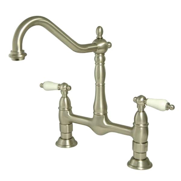 Kingston Brass Heritage 2-Handle Bridge Kitchen Faucet with Porcelain Handles in Brushed Nickel