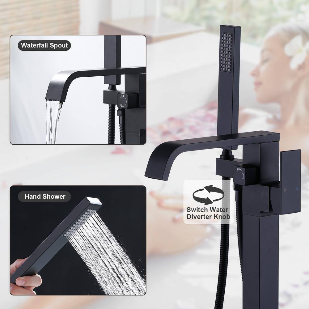 Matte Black Freestanding Waterfall Tub Faucet with Hand Shower