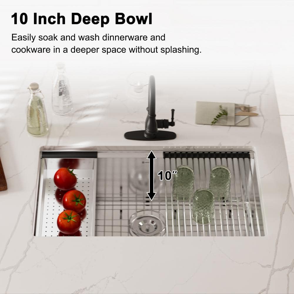 32" Undermount Single Bowl Brushed Stainless Steel Kitchen Sink with Accessories