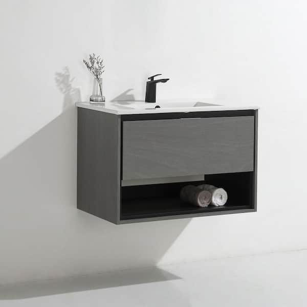 tunuo 32 in. W x 18.3 in. D x 20.3 in. H Wall Mount Bath Vanity in Gray with White Ceramic Top with White Basin
