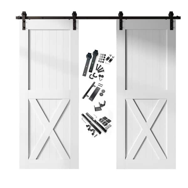 36 in. x 96 in. X-Frame White Double Pine Wood Interior Sliding Barn Door with Hardware Kit, Non-Bypass