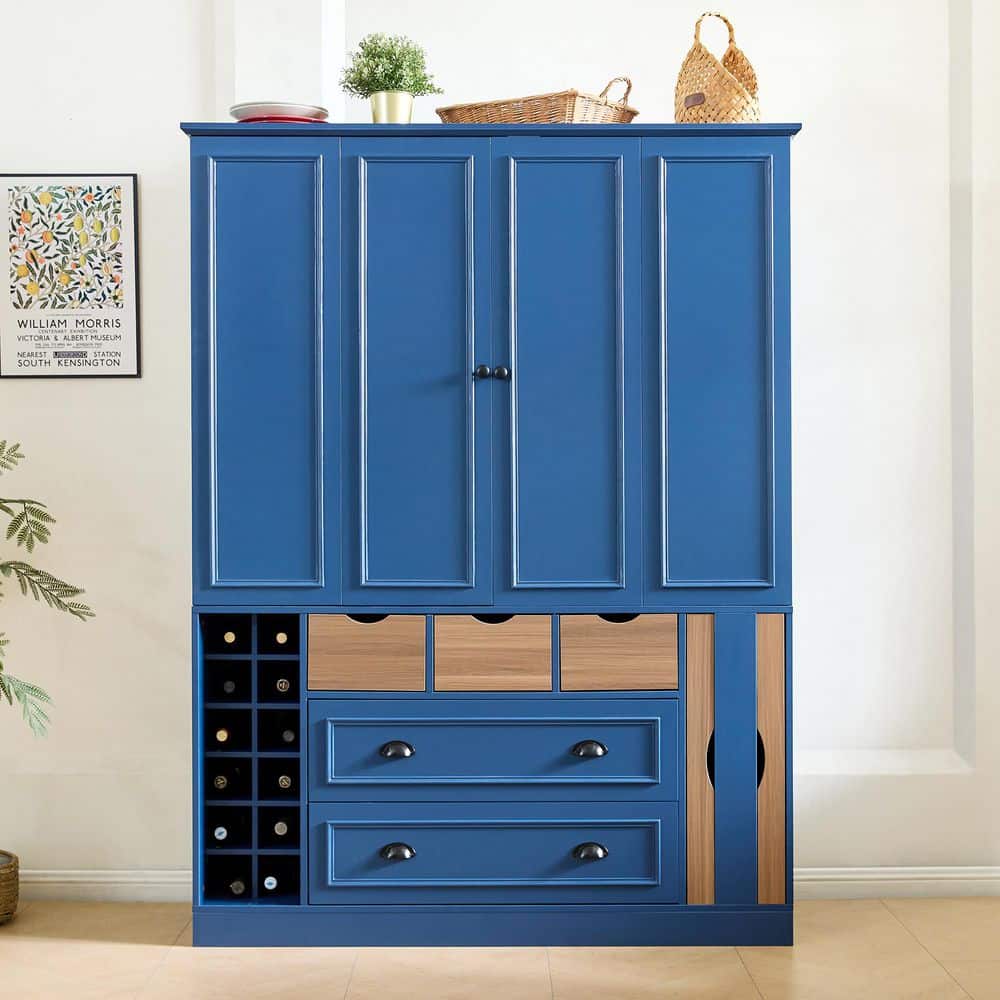 Bledri Blue Wood 71 in. Freestanding Kitchen Pantry Cabinet with 2 Foldable Doors and Wine Racks