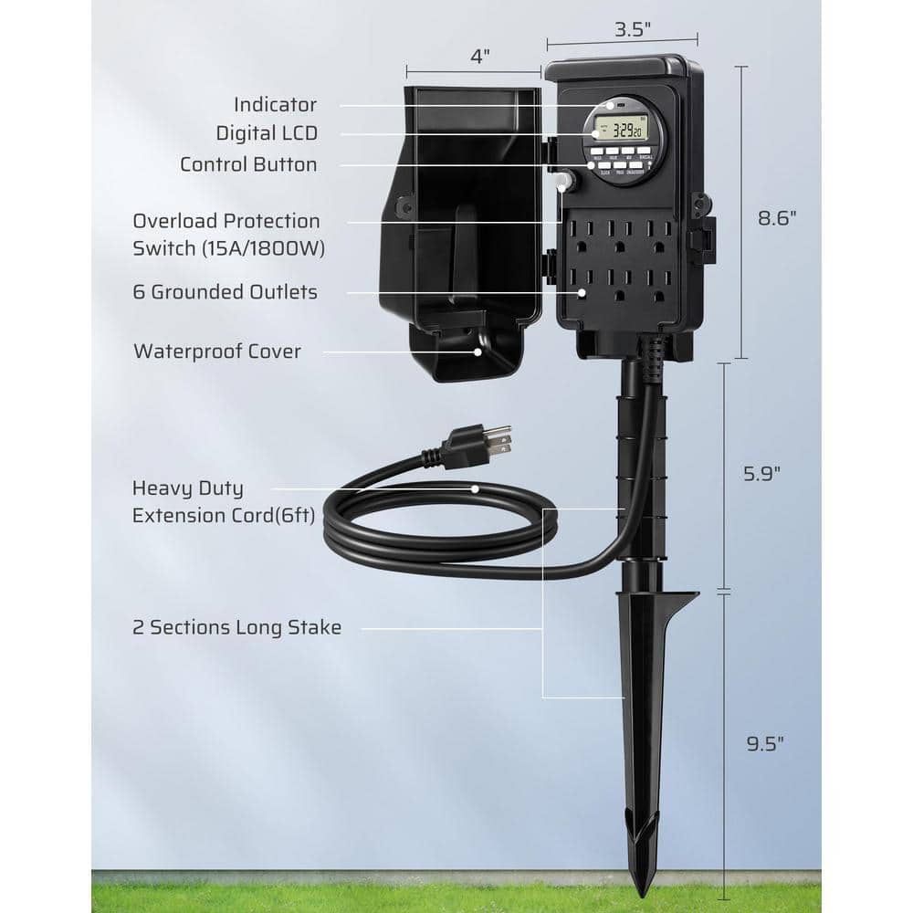 Black Heavy Duty Outdoor Digital Power Stake Timer with 6 Outlets