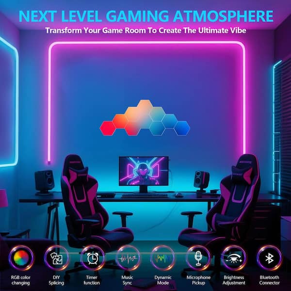 3.9 in x 4.5 in. White 10-Pack Hexagon RGB LED Wall Light Panels, App and Remote Controlled for Gaming Room, Bedroom
