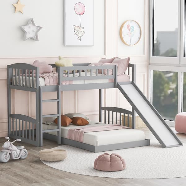 Polibi Modern Exquisite Gray Twin Over Twin Bunk Bed with Slide and Ladder (77.4 in. L x 88.9 in. W x 49.2 in. H)