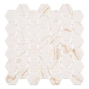 Sculpt Grecian White/Tan 11 1/8 in. x 11 1/5 in. Smooth Glass Hexagon Mosaic Tile (5.19 sq. ft./Case)