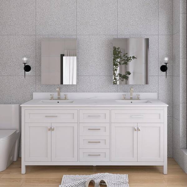 JimsMaison 72 in. W x 22 in. D x 41 in. H Double Sink Freestanding Bath Vanity in White with White Engineered Stone Composite Top
