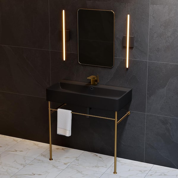 Swiss Madison Carre 36 in. Ceramic Console Sink Basin in Matte Black with Brushed Gold Legs