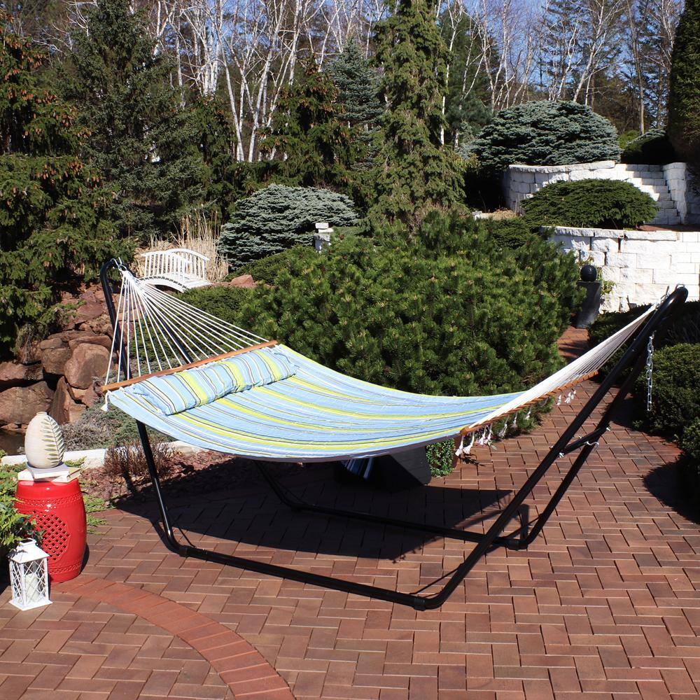 Blue and Green Quilted Fabric Double Hammock with Steel Stand