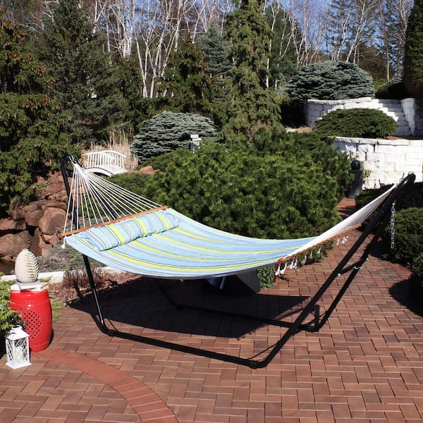 Sunnydaze 11 3 4 ft. Quilted 2 Person Hammock with Multi Use Universal Stand in Blue and Green BGHFWP MHS Combo The Home Depot