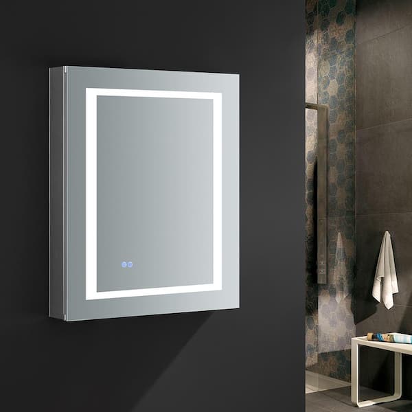 Spazio 24 in. W x 30 in. H Recessed or Surface Mount Medicine Cabinet with LED Lighting, Mirror Defogger and Right Hinge