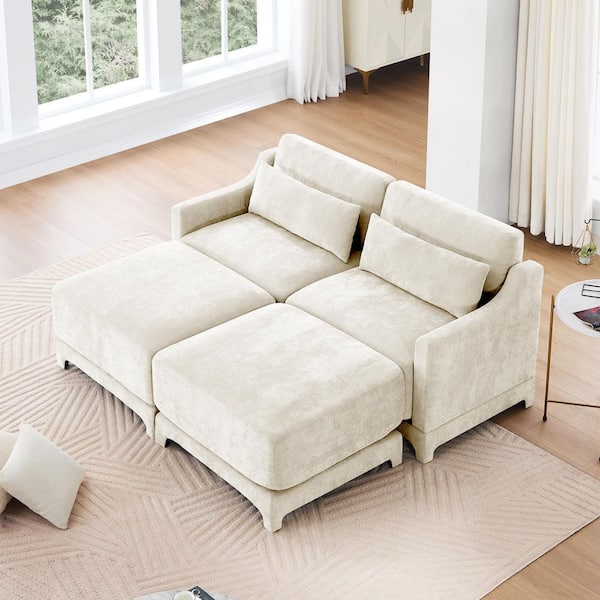 LSHWGM 61 in. Straight Arm 4-Piece Chenille Modular Sectional Sofa w/ Comfort and 2-Seater and 2 Ottomans in Ivory White