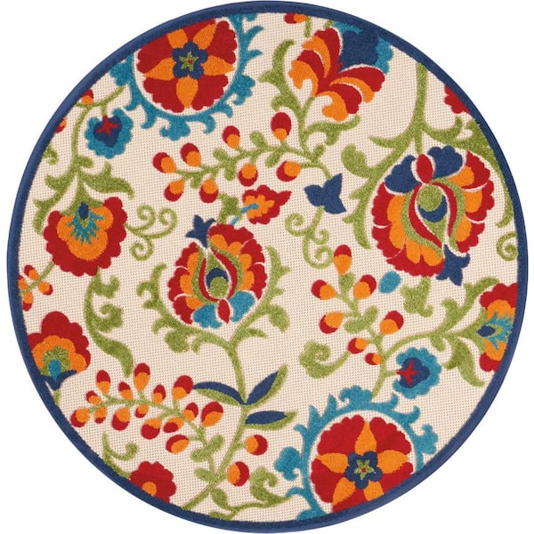 Nourison Aloha Multicolor 5 ft. x 5 ft. Round Floral Modern Indoor/Outdoor Patio Area Rug