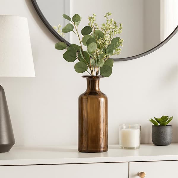 14 in. Brown Glass Bottle Vase with Curved Neck Design