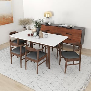 Alister 7-Piece Rectangular White Top Dining Set with 6 Fabric Kathy Dining Chairs in Grey