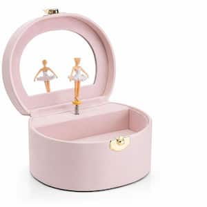 Musical Jewelry Box Light Pink PU Leather Half-Moon Shape with Ballerina and Mirror for Girls Bedroom Decor