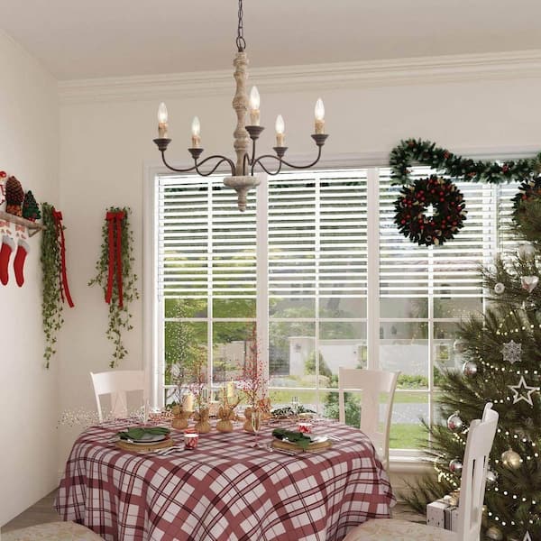 LNC Wood Candle Chandelier 5-Light Weathered White Dining Room