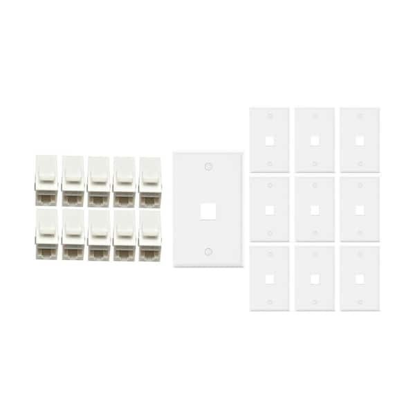10-Pack 1-Gang White Keystone Plastic Wall Plate 1-Port & 10 Cat 6 RJ45 Keystone Inline Couplers White