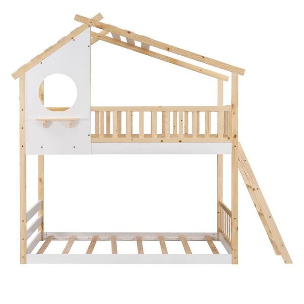 ANBAZAR Natural Wood Twin Over Twin House Bunk Beds with Roof and ...