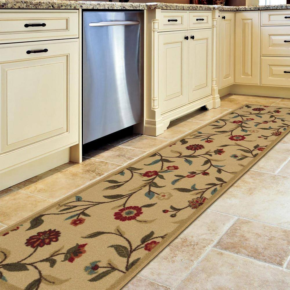 Beige Floral Non-Slip Synthetic Runner Rug 1'10" x 7'