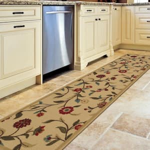 Ottohome Collection Non-Slip Rubberback Floral Leaves 2x7 Indoor Runner Rug, 1 ft. 10 in. x 7 ft., Beige