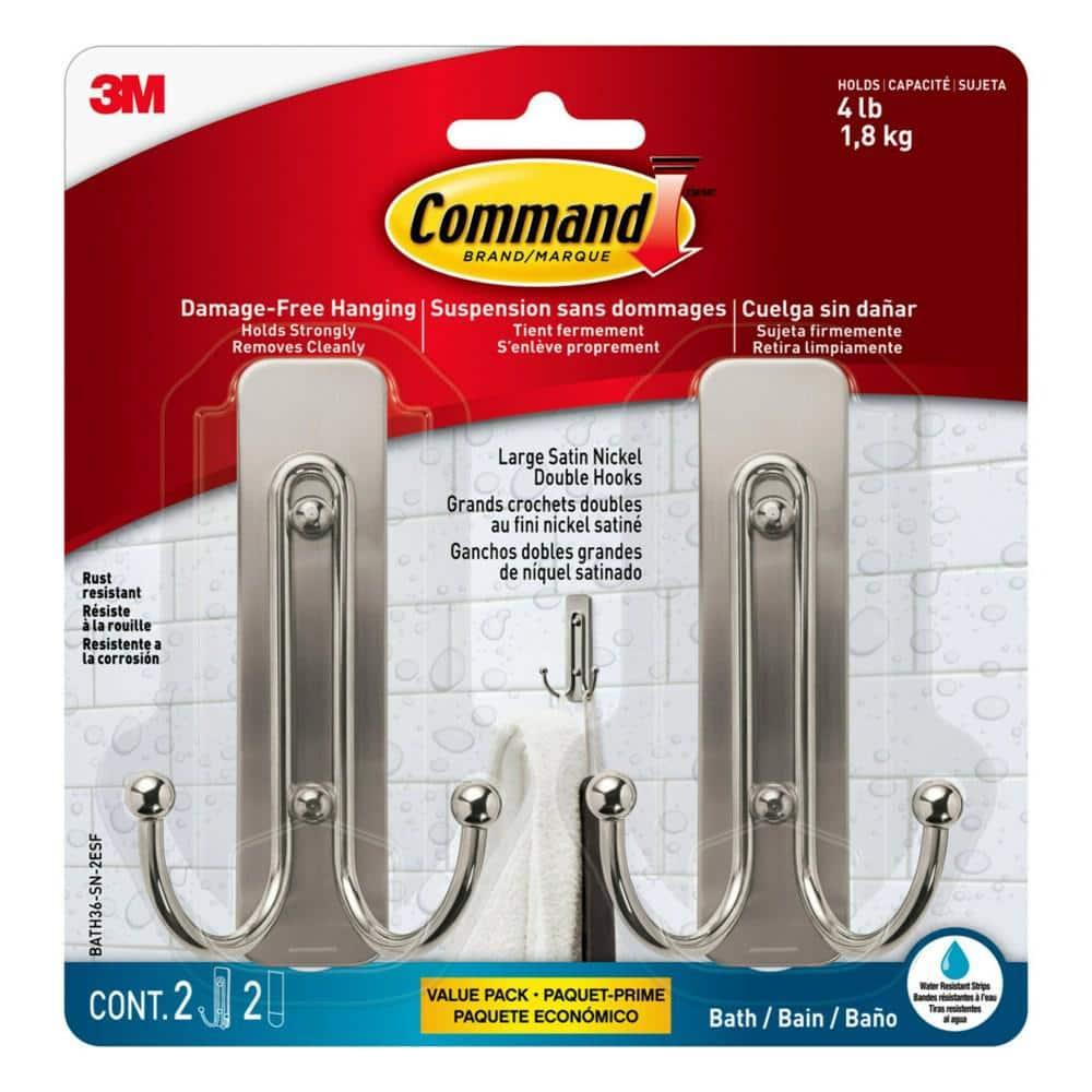 Command Large Metal Double Bath J-Hooks in Satin Nickel (2 Hooks, 4 ...