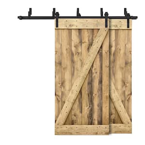 60 in. x 84 in. Z Bar Bypass Weather Oak Stained Solid Pine Wood Interior Double Sliding Barn Door with Hardware Kit