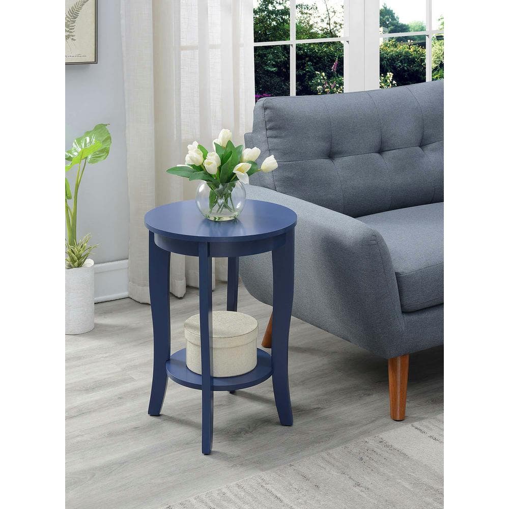 Cobalt Blue Round Wood End Table with Shelf