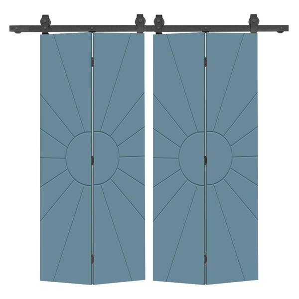 CALHOME Sun 40 in. x 80 in. Dignity Blue Painted MDF Modern Bi-Fold Double Barn Door with Sliding Hardware Kit