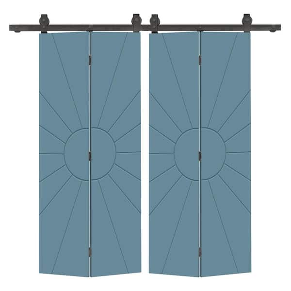 CALHOME Sun 52 in. x 80 in. Dignity Blue Painted MDF Modern Bi-Fold Double Barn Door with Sliding Hardware Kit