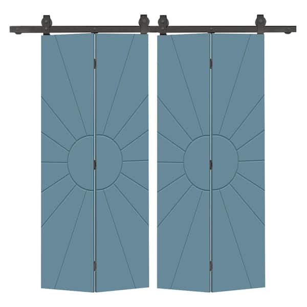 CALHOME Sun 60 in. x 80 in. Hollow Core Dignity Blue Painted MDF Composite Bi-Fold Double Barn Door with Sliding Hardware Kit