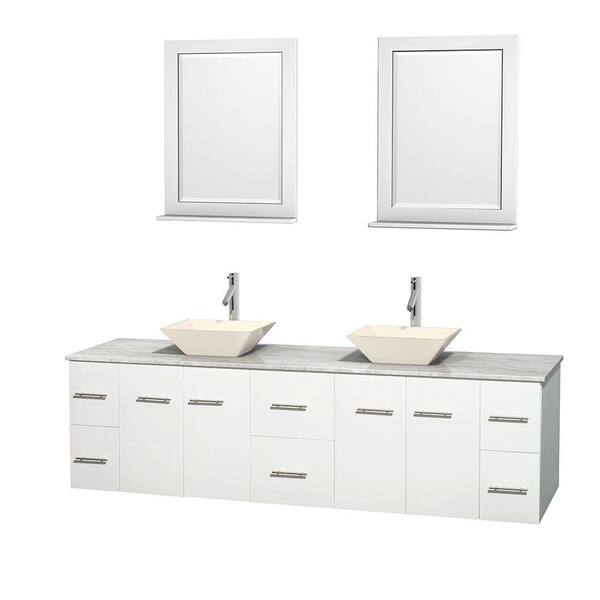Wyndham Collection Centra 80 in. Double Vanity in White with Marble Vanity Top in Carrara White, Bone Porcelain Sinks and 24 in. Mirror