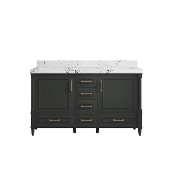 Willow Collections Hudson 60 in. Double Sink Freestanding Black Top Bath Vanity with Viola Night Quartz Top Unassembled