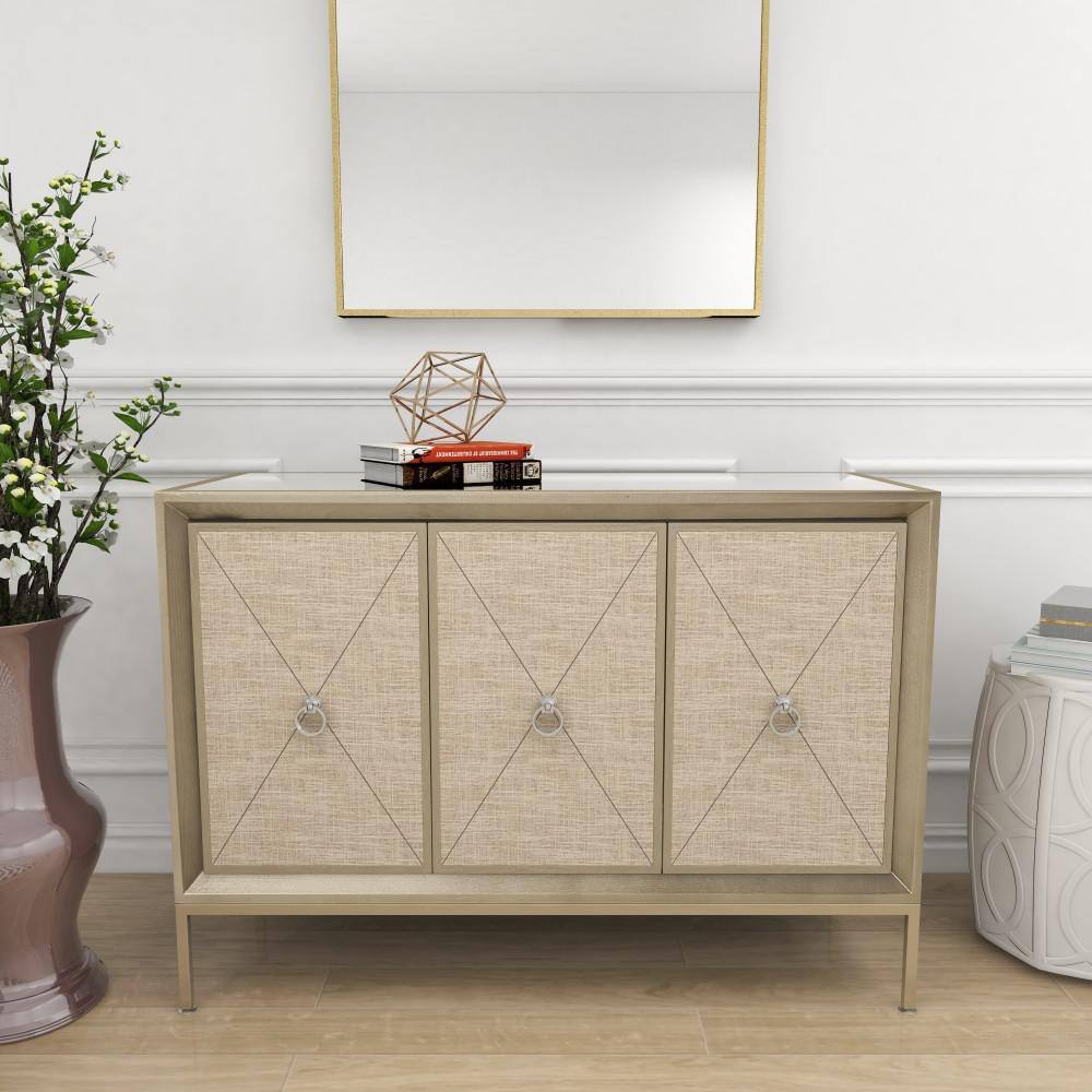 Gray Upholstered 3-Door Cabinet with Mirrored Top and Ring Handles