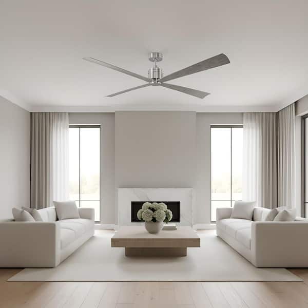 Launceton 72 in. Indoor/Outdoor Brushed Steel Downrod Mount Ceiling Fan with Light Grey Weathered Oak Blades and Remote