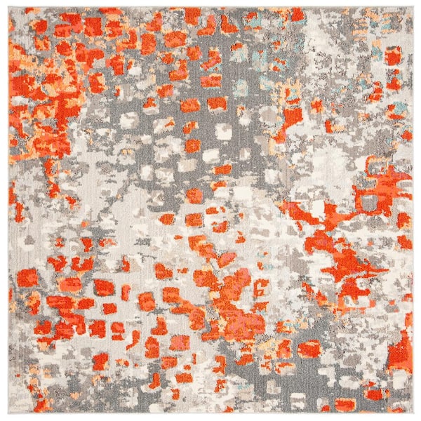 SAFAVIEH Madison Gray/Orange 7 ft. x 7 ft. Square Distressed Abstract Area Rug