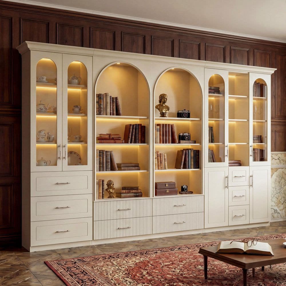 FUFU&GAGA 92.5 in. Tall Cream Wood 28-Shelf Accent Bookcase with Remote ...