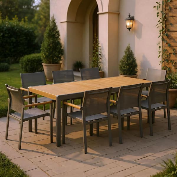 Rori 9-Piece Teak FSC Certified and Aluminum Patio Dining Set