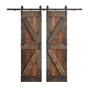 K Series 48 in. x 84 in. Dark Walnut/Aged Barrel Knotty Pine Wood Double Sliding Barn Door with Hardware Kit