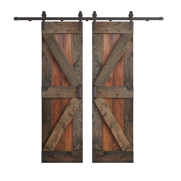 COAST SEQUOIA INC K Series 48 in. x 84 in. Dark Walnut/Aged Barrel Knotty Pine Wood Double Sliding Barn Door with Hardware Kit