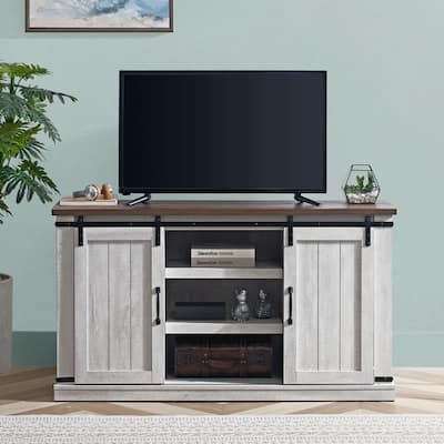 54 in. Saw Cut Off-White Engineered Wood TV Stand Fits TVs Up to 60 in. with Storage Doors