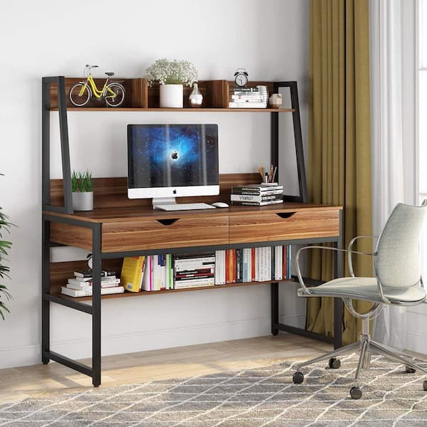 Wood Computer Desk PC Laptop Table Workstation with Bookshelf Home Office Black 
