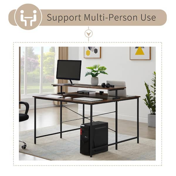 Aoibox 47.2 in. Square Brown Wood 2-Person Computer Desk with Monitor  Shelf, Double Workstation Extra Large Office Desks SNMX656 - The Home Depot